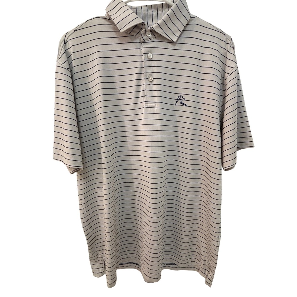 Rhoback Mens Performance Polo Shirt Medium White Navy Blue Striped Short Sleeve